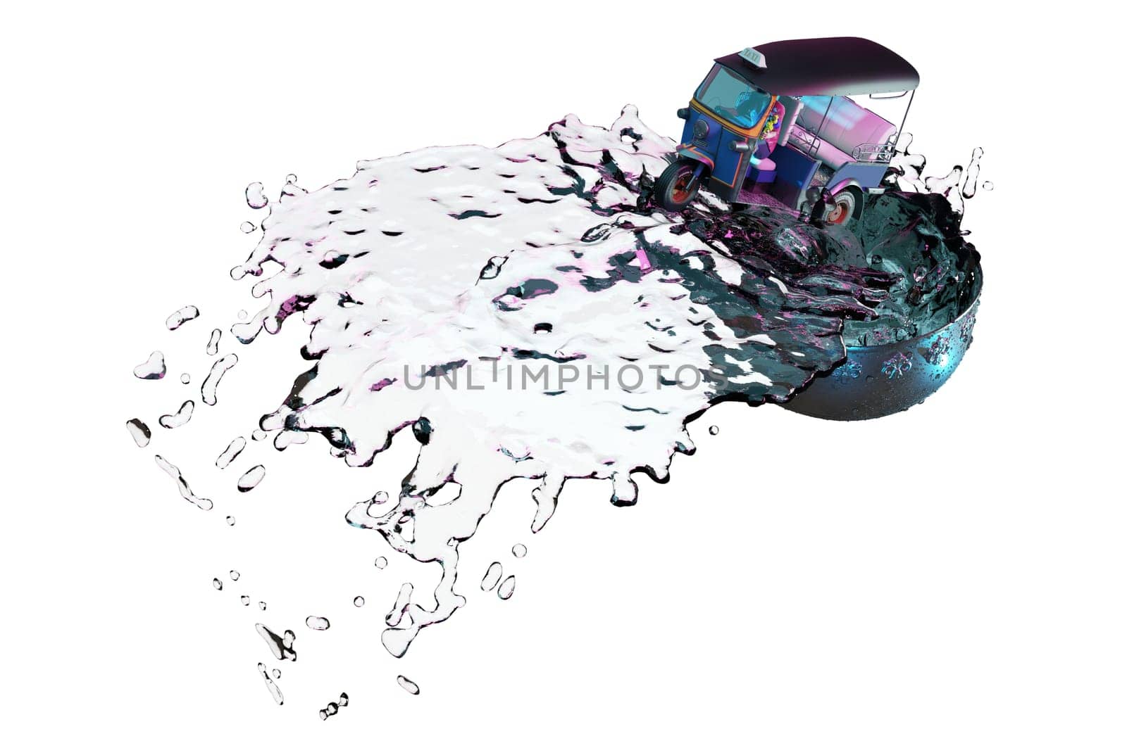 3d rendering,Songkran Water festival or Thailand Traditional New Year's Day. People playing water gun water festival on Tuk Tuk junp on bowl