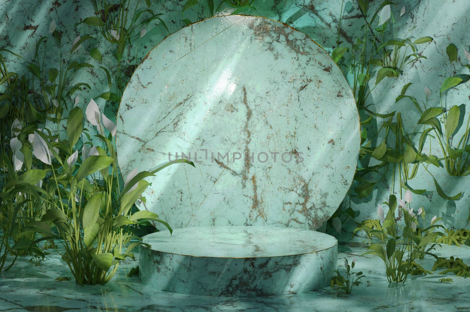Minimal geometric, Green marble podium in green background and leaves. product presentation, Podium, stage, pedestal or platform. simple clean