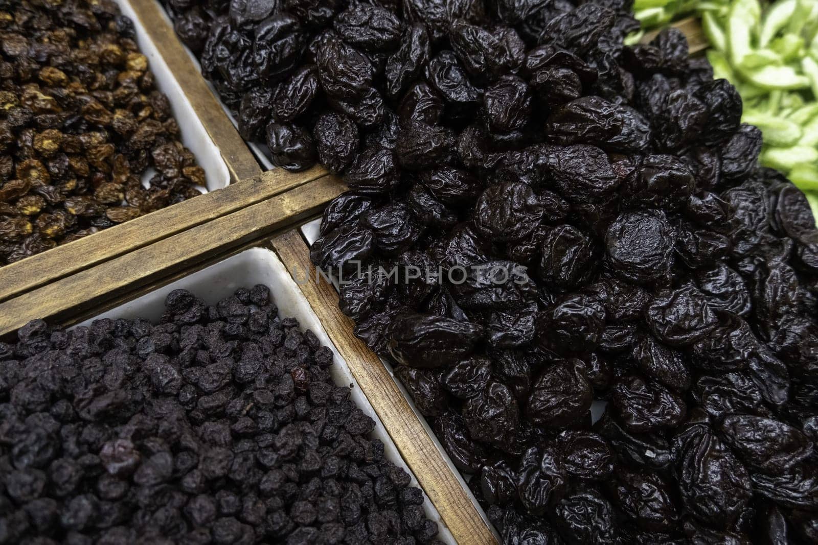 Detail of dried sweet fruit in an old market, healthy food, vegan