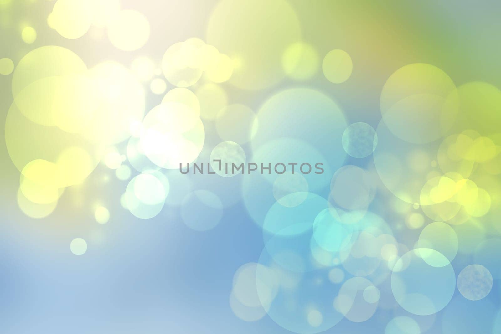 Abstract blurred fresh vivid spring summer light delicate blue yellow white bokeh background texture with bright circular soft color lights. Beautiful backdrop illustration. Space.