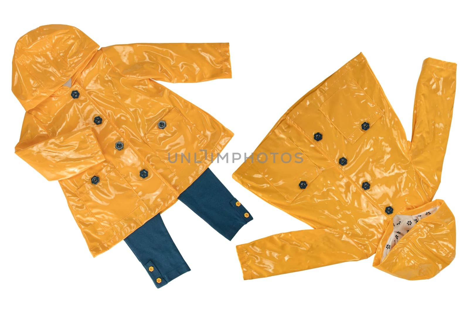 Rain jacket. Collage set of elegant yellow rain jacket in two views isolated on a white background. Girls fashion for rain season.