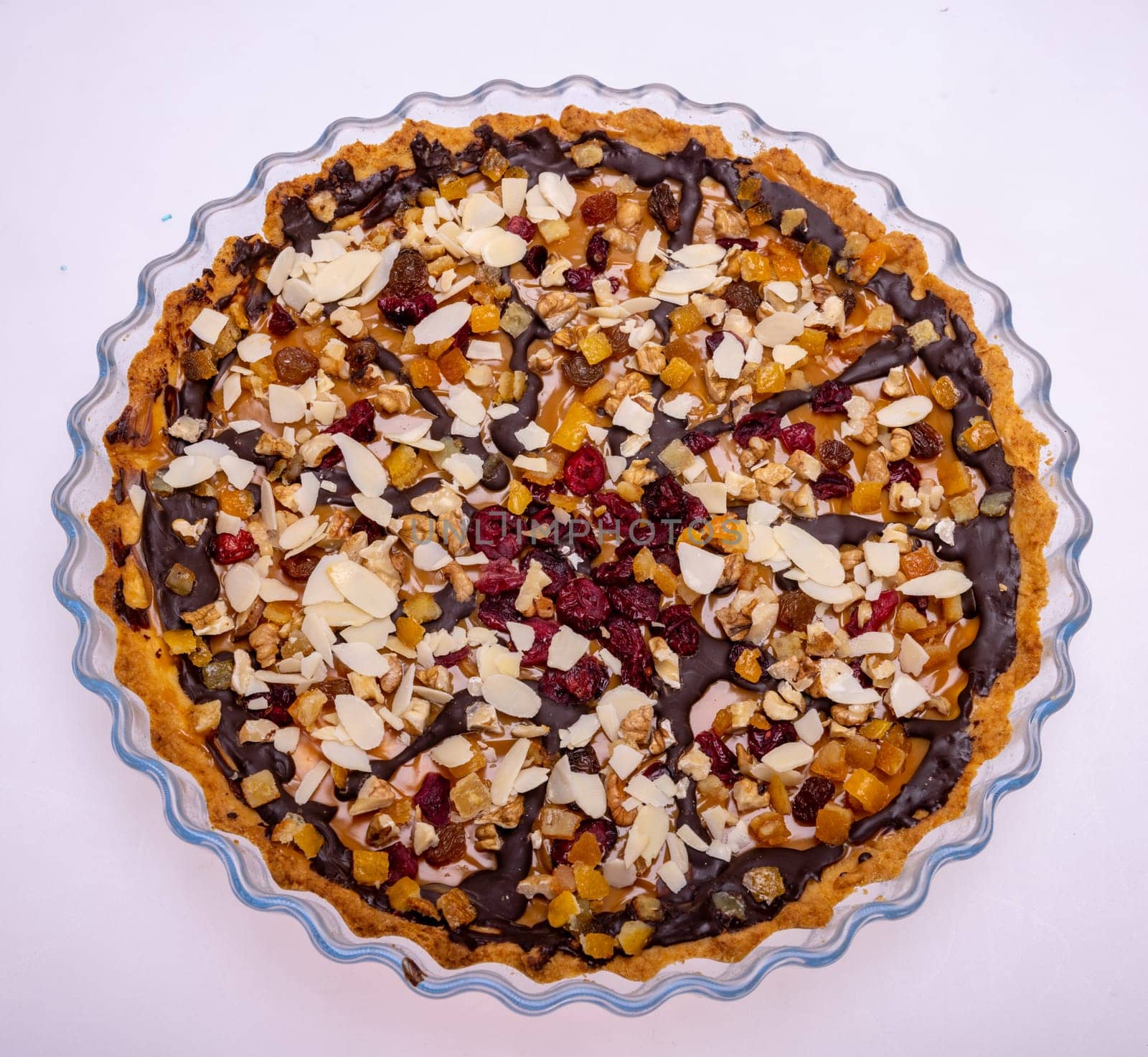 Homemade tart with chocolate and fruit