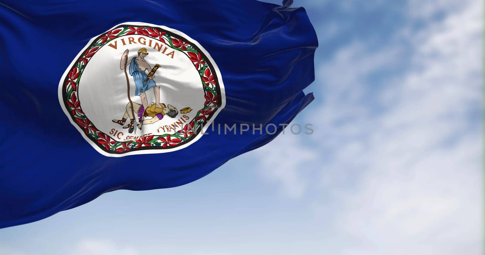 The flag of the American state of Virginia waving in the wind on a clear day. Blue field with a white coat of arms in the center. 3d illustration render. Fluttering textile