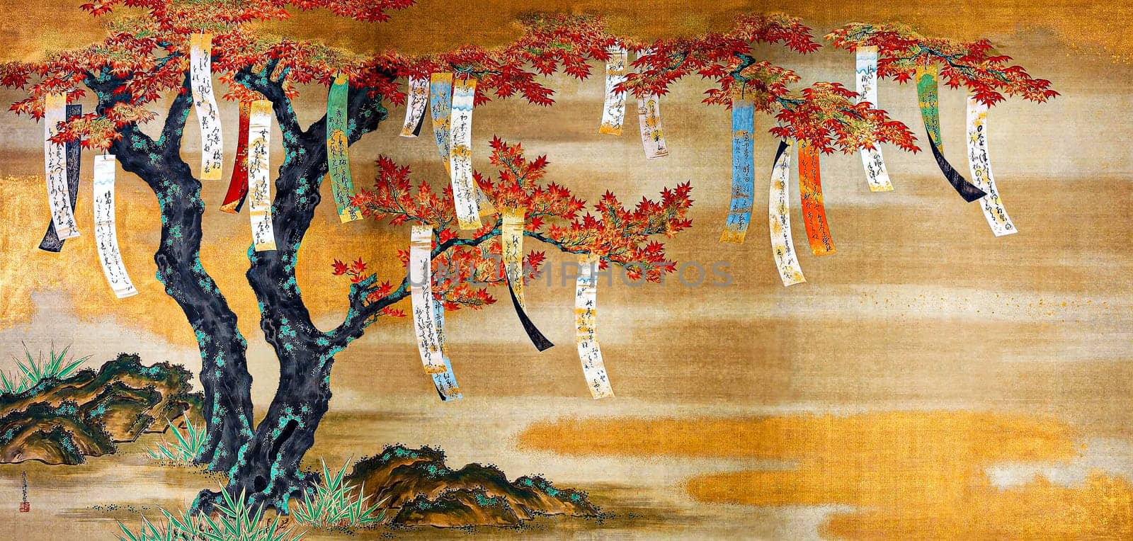 Japanese autumn maples with poem slips (1649-1686) vintage painting by Tosa Mitsuoki. Original public domain image from The Art Institute of Chicago.