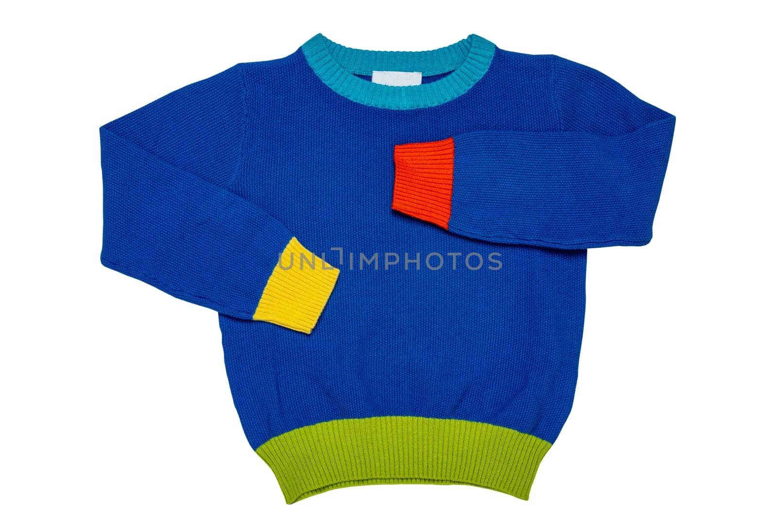 Top view of clothes for child boy isolated on a white background. A beautiful blue little child sweater or knitted cardigan. Autumn and winter fashion for kids.