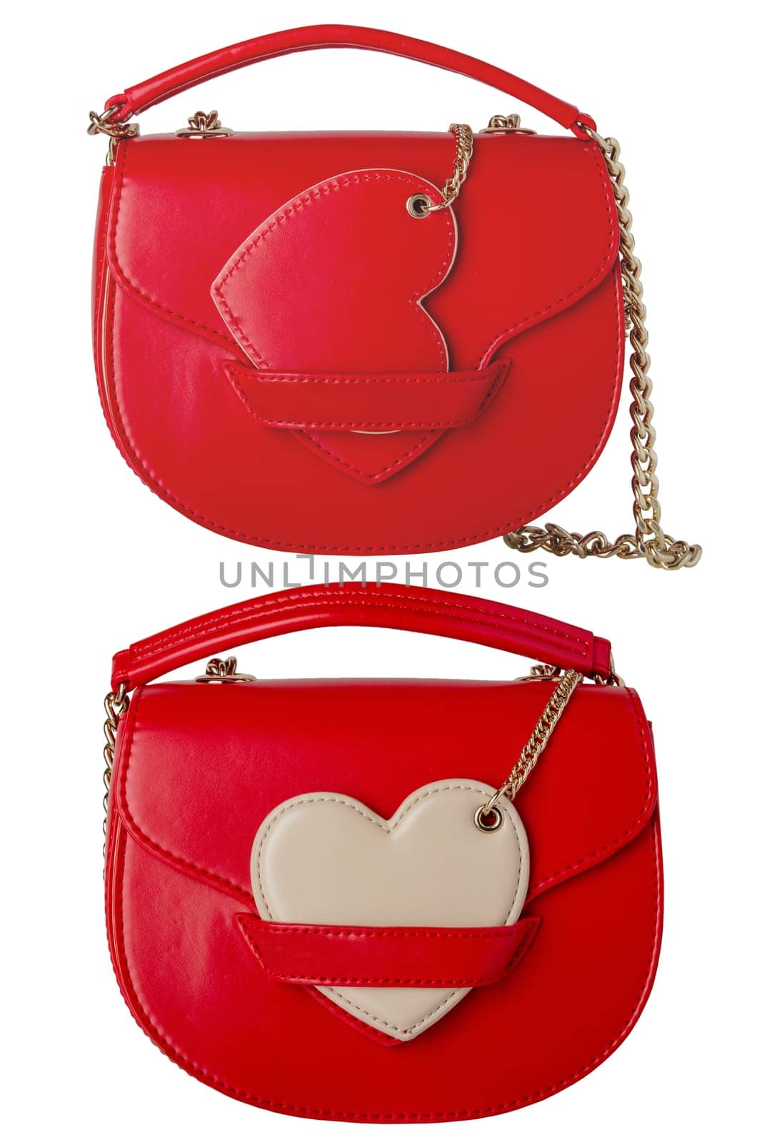 Stylish women's handbag. Collage set of a fashionable female red luxury handbag isolated on white. Clipping path. Fashionable womans accessories. Advertising.
