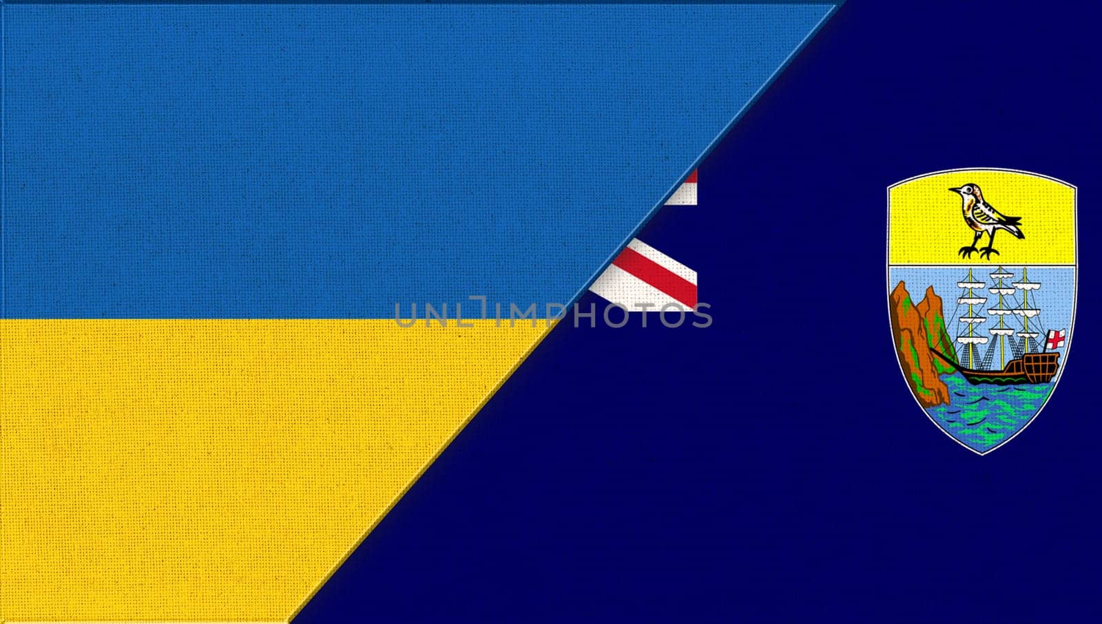 Flags of Ukraine and Saint Helena - 3D illustration. National symbols of Ukraine and Saint Helena island. Ukrainian and Saint Helena relations. diplomatic relations. British overseas territory