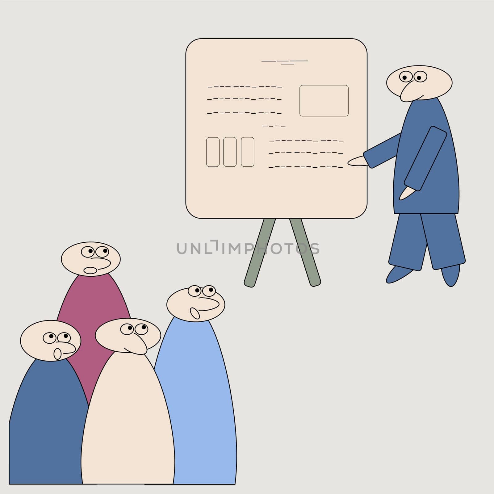 at the training, the teacher explains at the blackboard in front of the audience