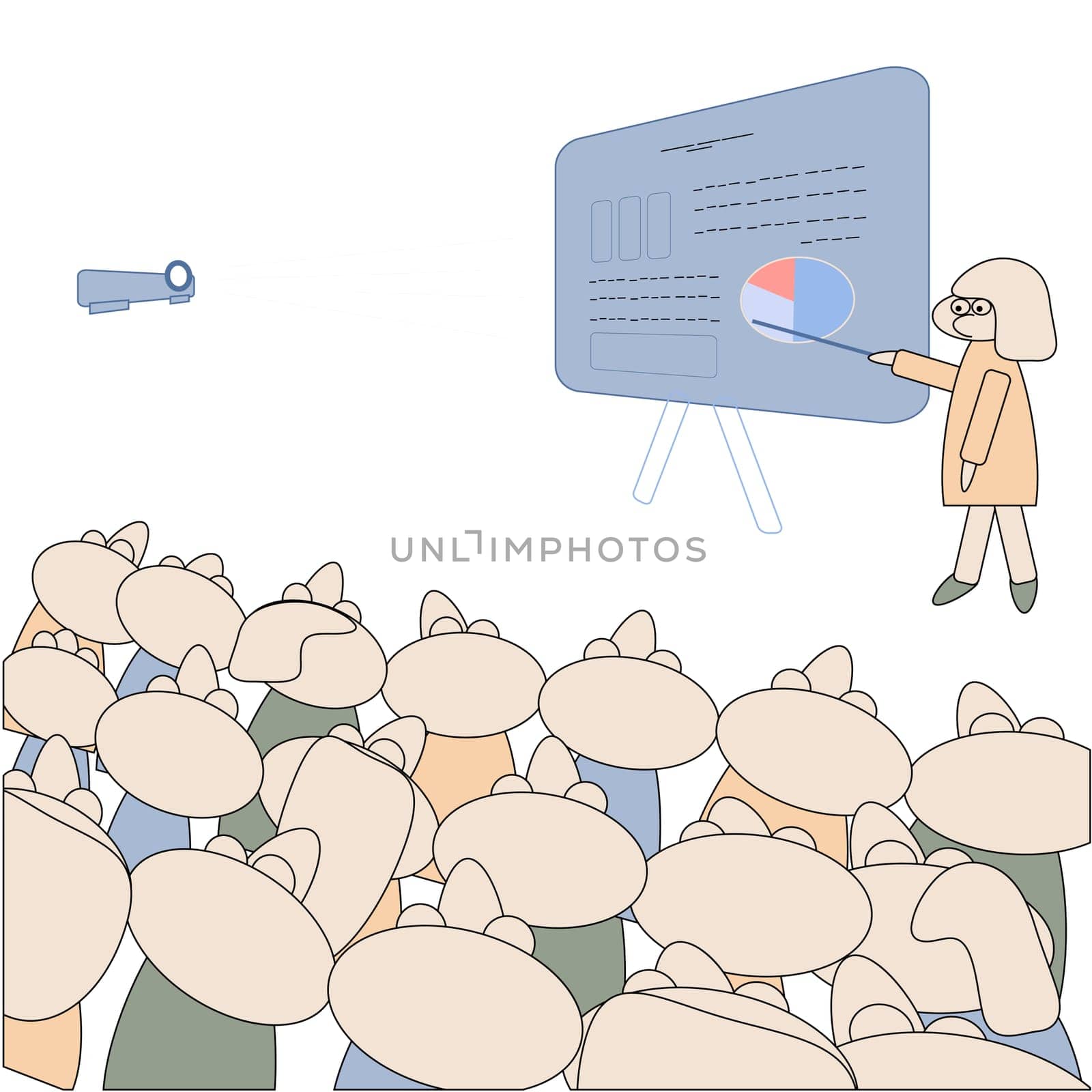 at the training, the teacher explains at the blackboard in front of the audience