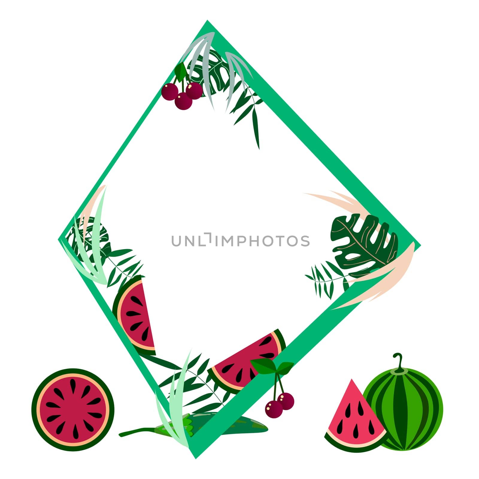 for the design of invitations, a rectangular frame of watermelons, melons and cherries on a light background