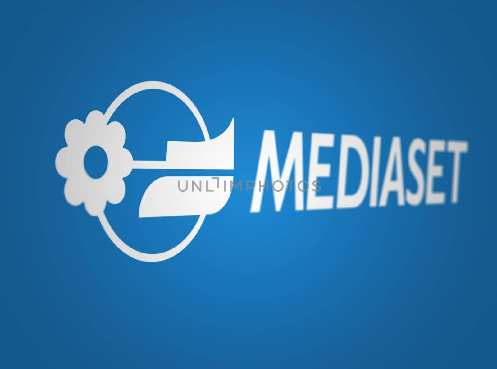 Milan, IT, March 2023: Mediaset logo on a light blue background. Mediaset is an Italian company active in the media and communication sector. Illustrative editorial illustration. Selective focus