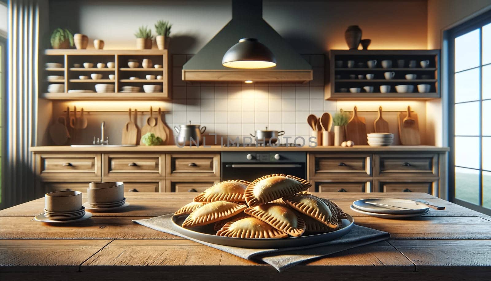Freshly made empanadas are displayed on the left side of a rustic wooden table, leaving ample empty space on the right for text or other elements, highlighted by the warm, natural light.