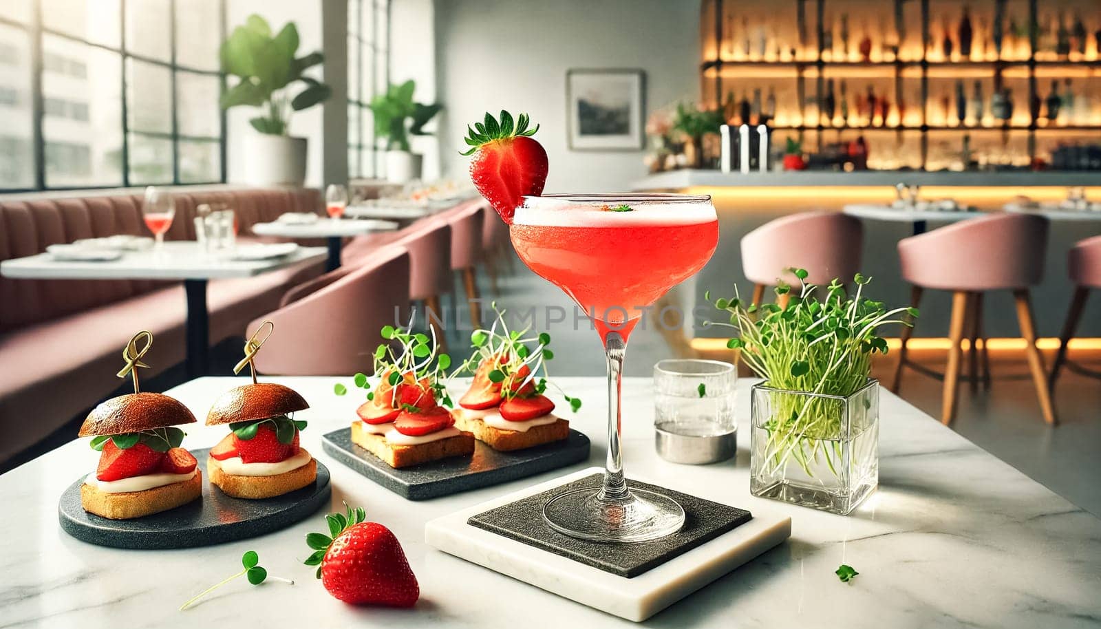 A strawberry cocktail in a martini glass, garnished with a fresh strawberry, sits on a marble table. The setting is bright and contemporary, with natural light flooding through large windows, highlighting the vibrant colors of the gourmet toast and sliders.