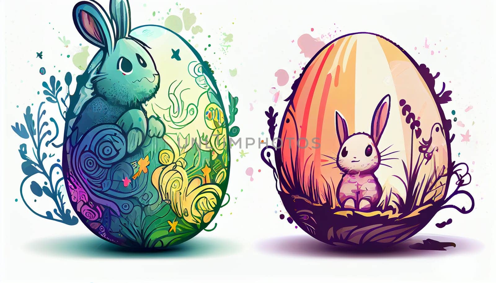 Easter Day Concept. Watercolor easter bunny in the eggs, elements illustrations, cartoon holiday painted background, AI Generative