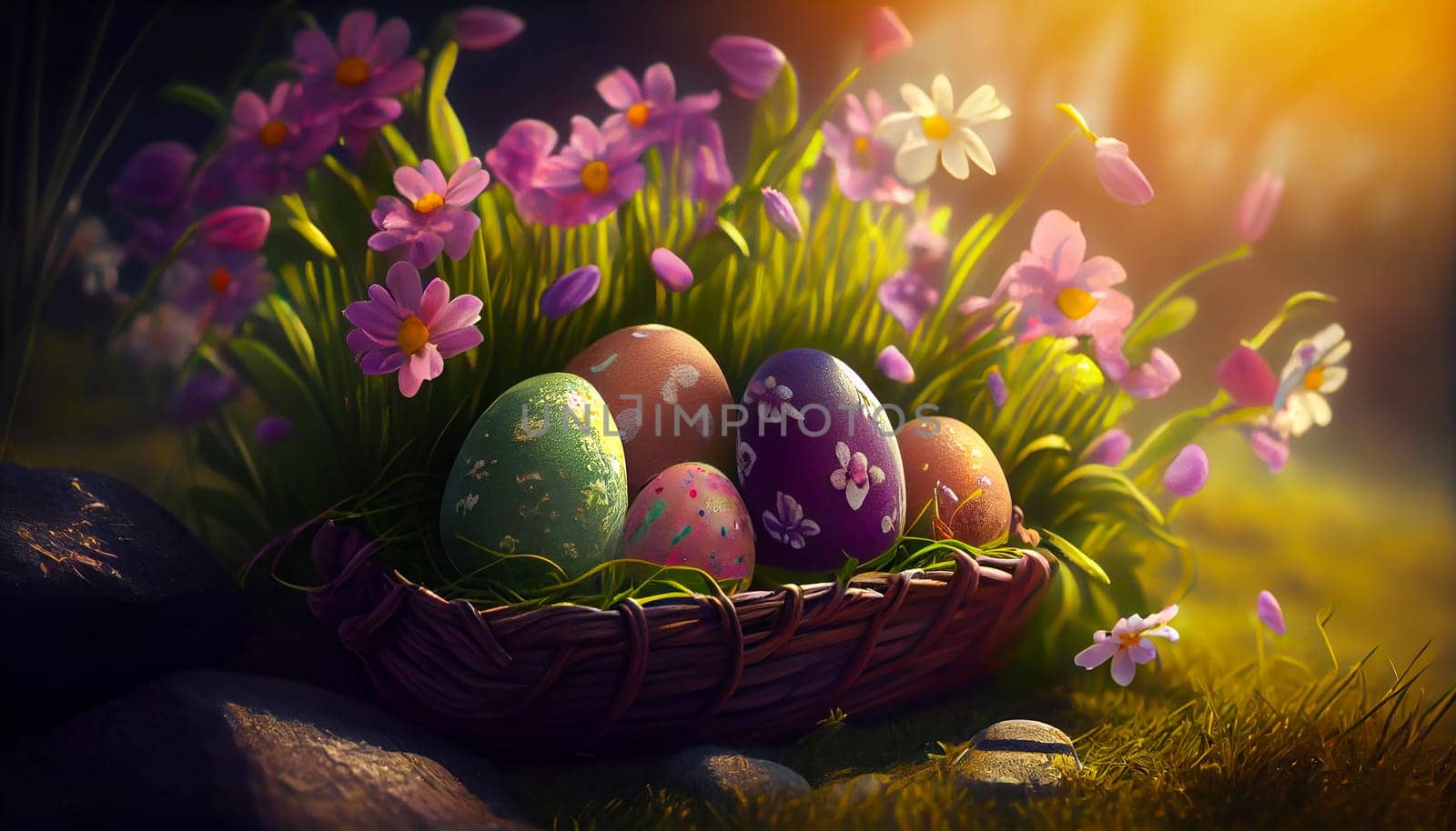Happy Easter Day Concept. Easter eggs in basket on green grass garden and sunny spring, template banner for website, AI Generative