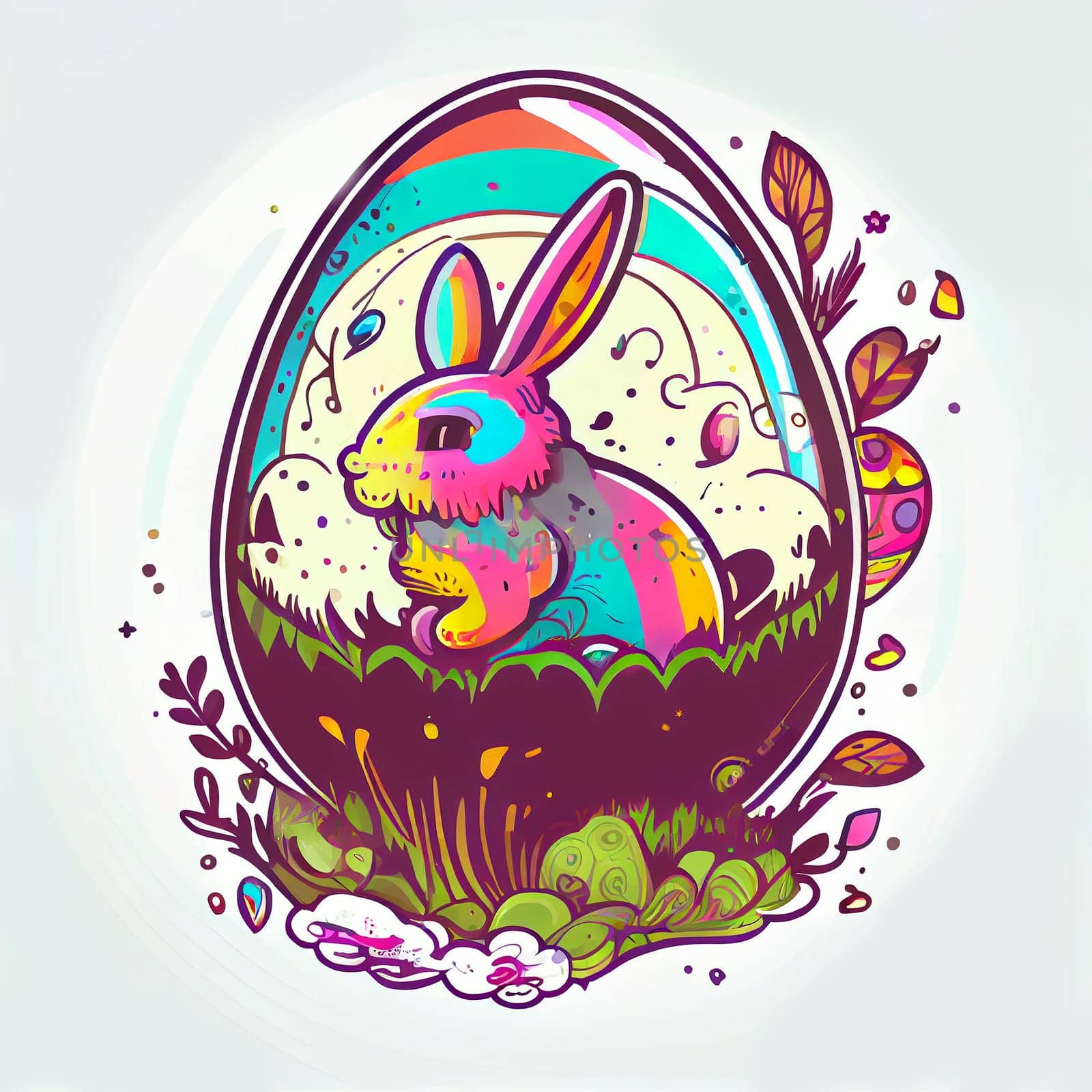 Easter Day Concept. Watercolor easter bunny in the eggs, elements illustrations, cartoon holiday painted background, AI Generative