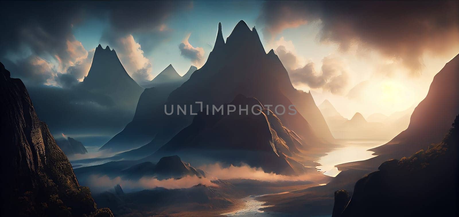 Beautiful landscape with high mountains and lagoon water with sunlight golden sunrise, nature, Generative AI