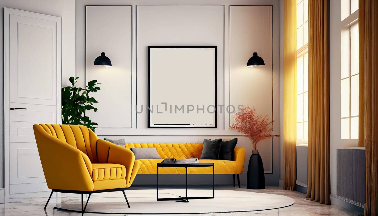 Modern interior design yellow armchair sofa in living room with and mock up poster frame in white wall at home, lifestyle living room design, empty nobody, 3D render by Generative AI