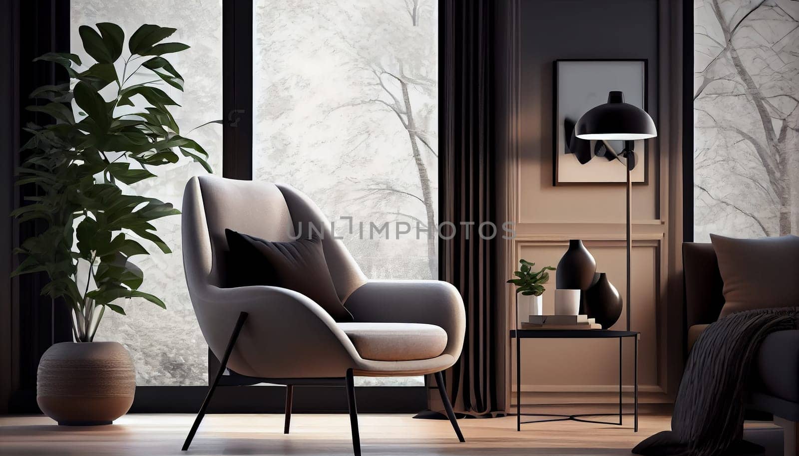 Modern stylish interior design with armchair sofa furniture in living room at home, lifestyle living room design, empty nobody, 3D render illustration by Generative AI
