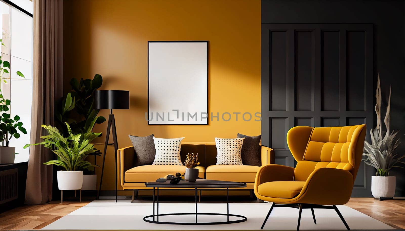 Modern interior design yellow armchair sofa in living room with and mock up poster frame in wall at home, lifestyle living room design, empty nobody, 3D render by Generative AI