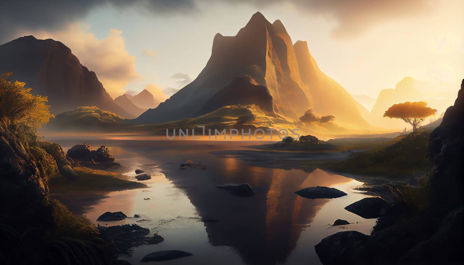Beautiful landscape with high mountains and lagoon water with sunlight golden sunrise, nature, Generative AI