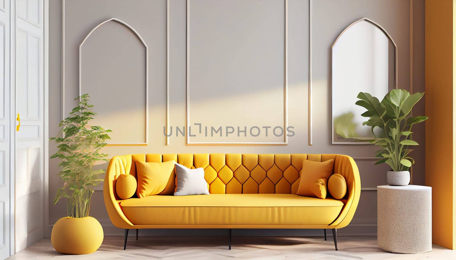 Modern interior design yellow armchair sofa in living room with and mock up poster frame in white wall at home, lifestyle living room design, empty nobody, 3D render by Generative AI
