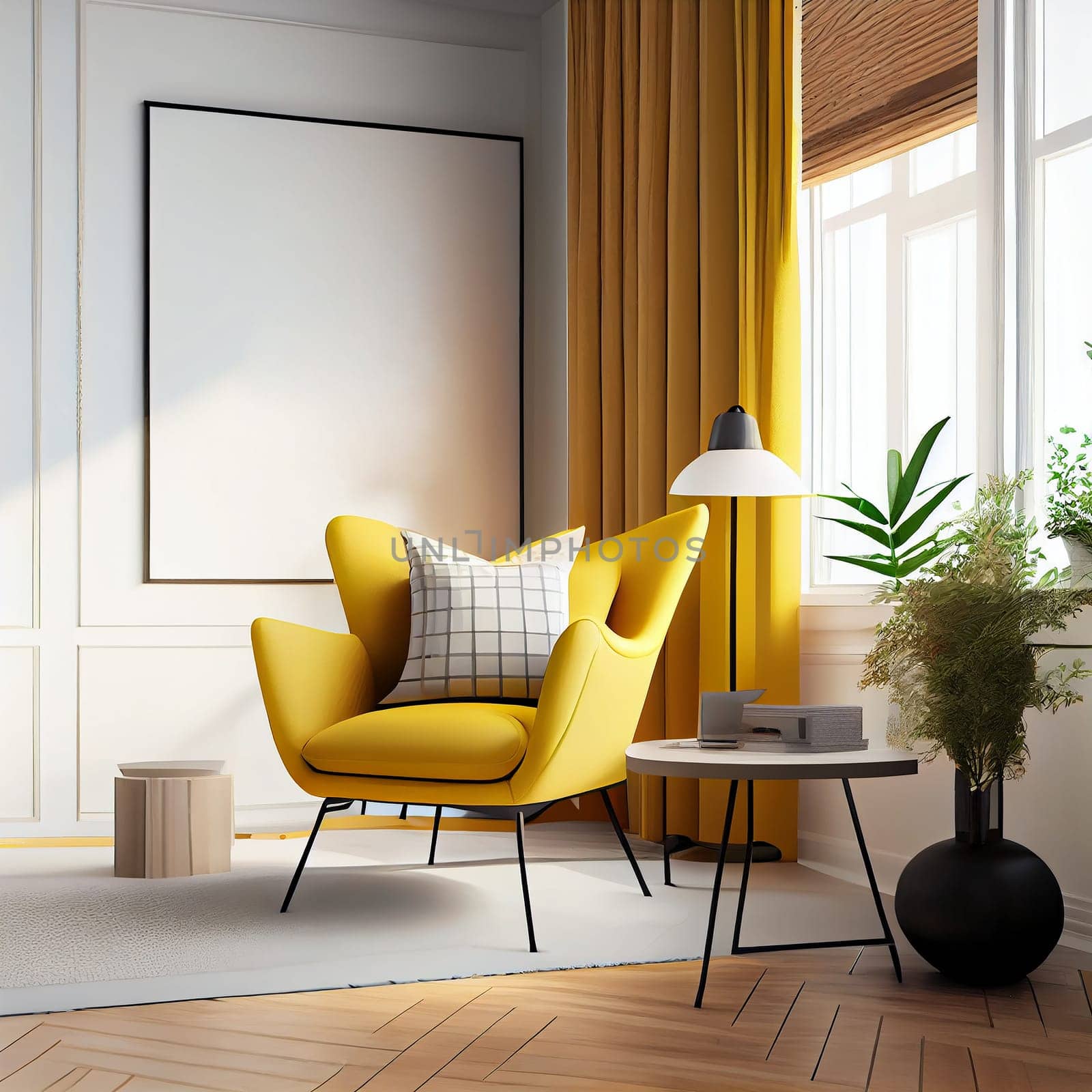 Modern interior design yellow armchair sofa in living room with and mock up poster frame in white wall at home, lifestyle living room design, empty nobody, 3D render by Generative AI