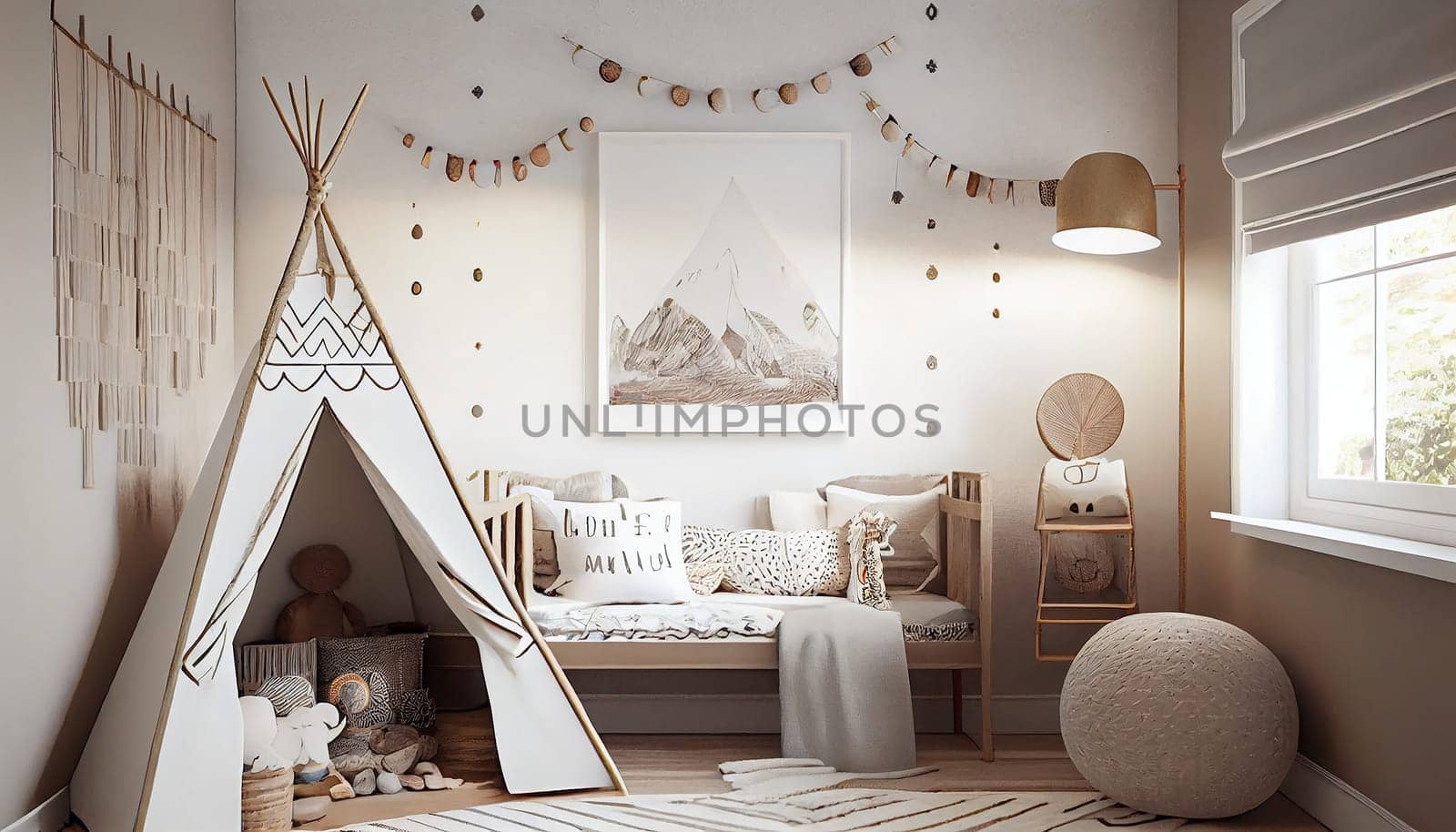 Cozy kids room with tent, Creative playroom interior decorated for child play, Montessori interior, room design, playroom, Generative AI
