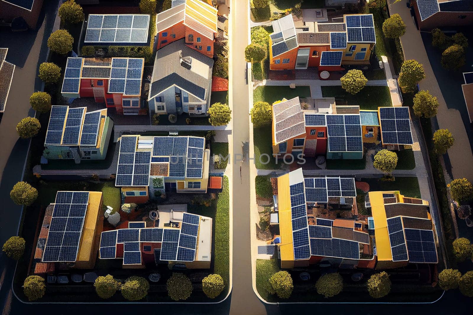 Drone view of build houses with solar panels attached on roof against of apartment buildings, Solar cells on factory rooftop, Solar energy power panels, power energy, Generative AI