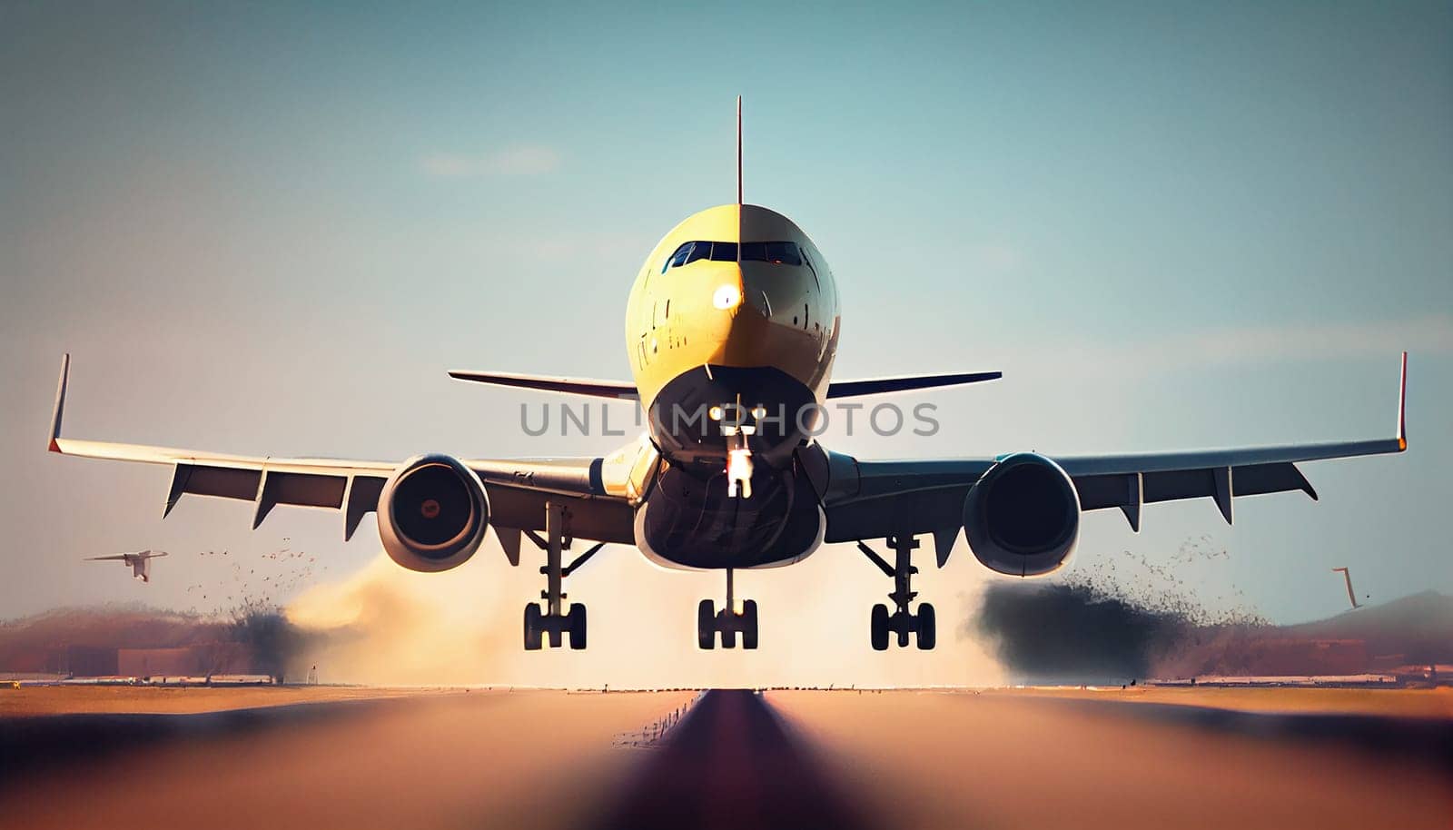 Airplane taking off from the airport, Passenger plane fly up over take-off runway under dramatic sky, Generative AI