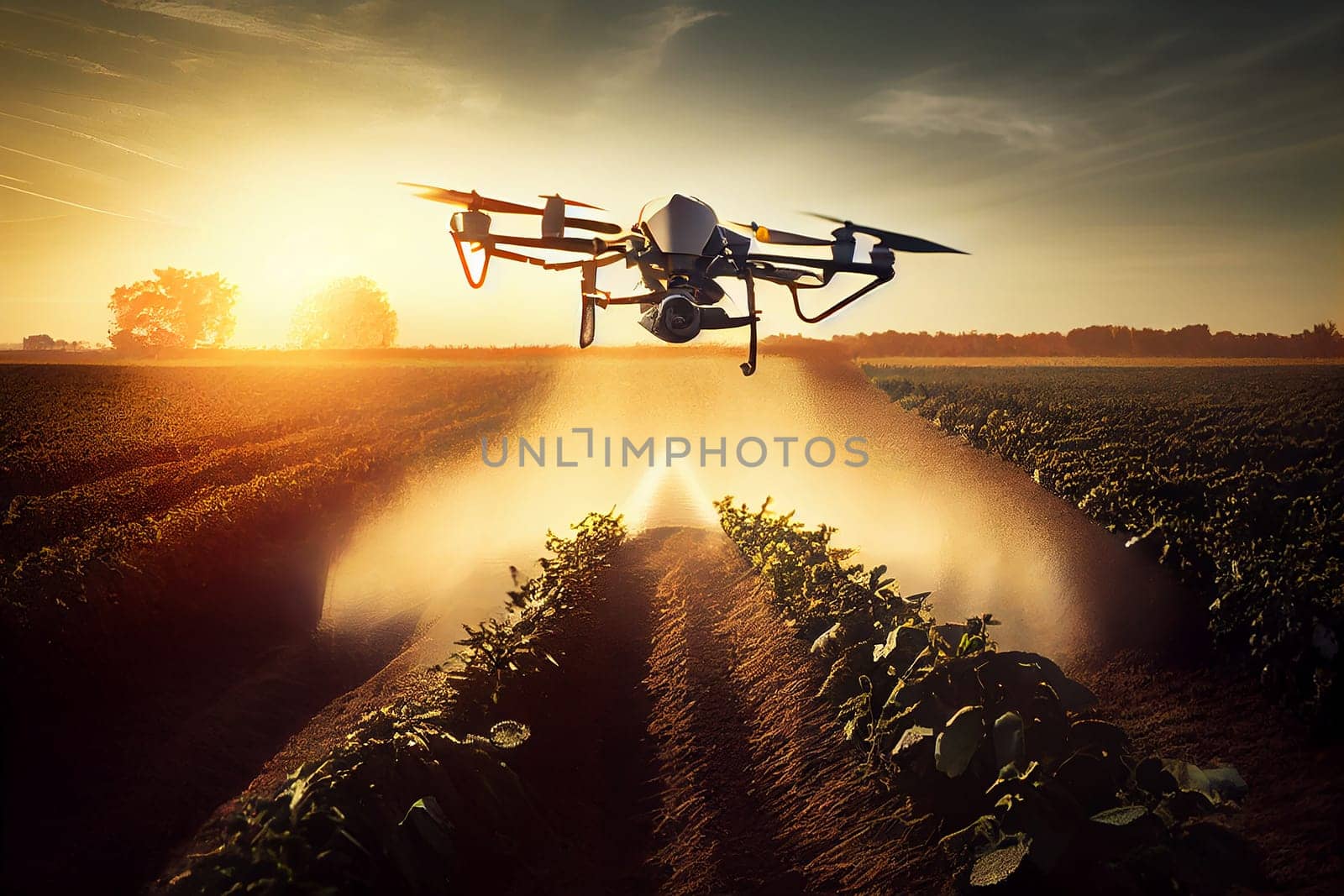 Agriculture drone fly to sprayed fertilizer on fields garden farm, Technology smart farming controlled, Generative AI