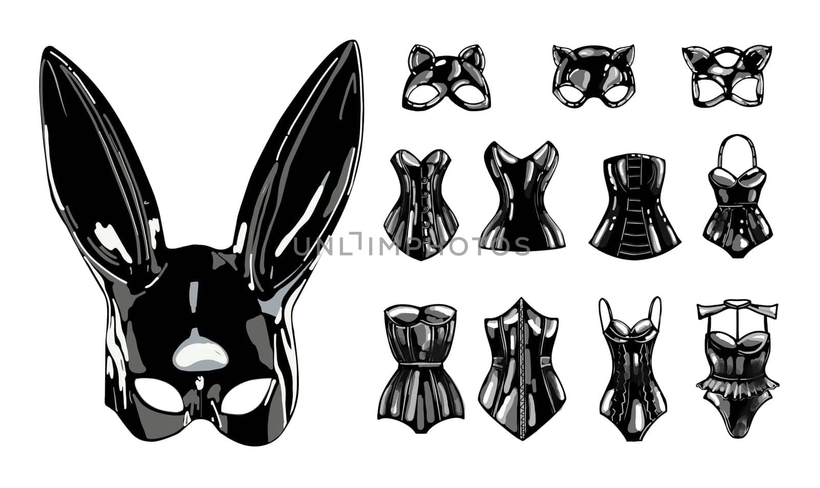 latex cat and rabbit mask. black latex. female corset. fetish.