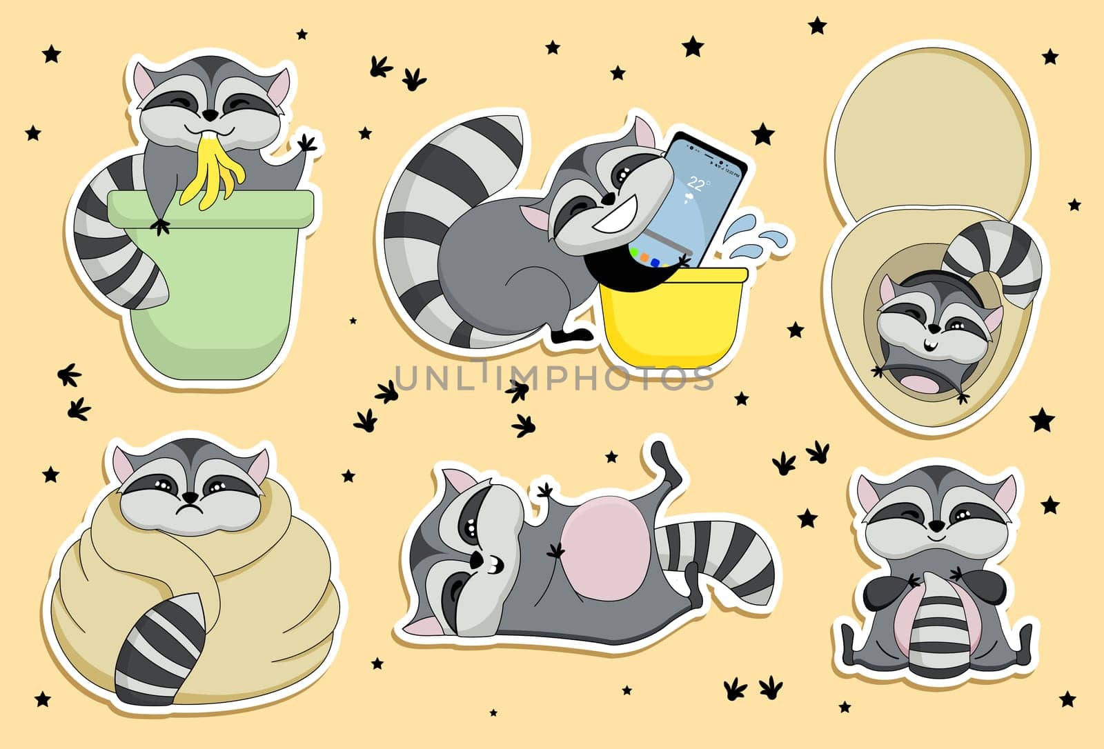 Raccoon stickers. Funny raccoons characters stickers for planner.