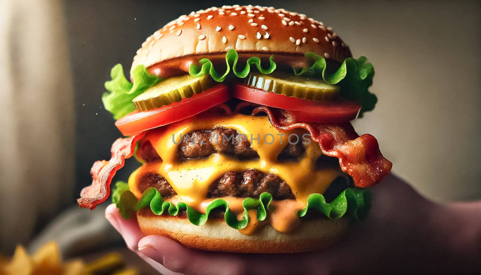 A mouthwatering close-up of a juicy cheeseburger held by a person, featuring melted cheese, crispy bacon, fresh lettuce, tomato, and pickles all packed between a soft golden bun. The blurred background emphasizes the vibrant colors and textures, making the burger the star of the image.