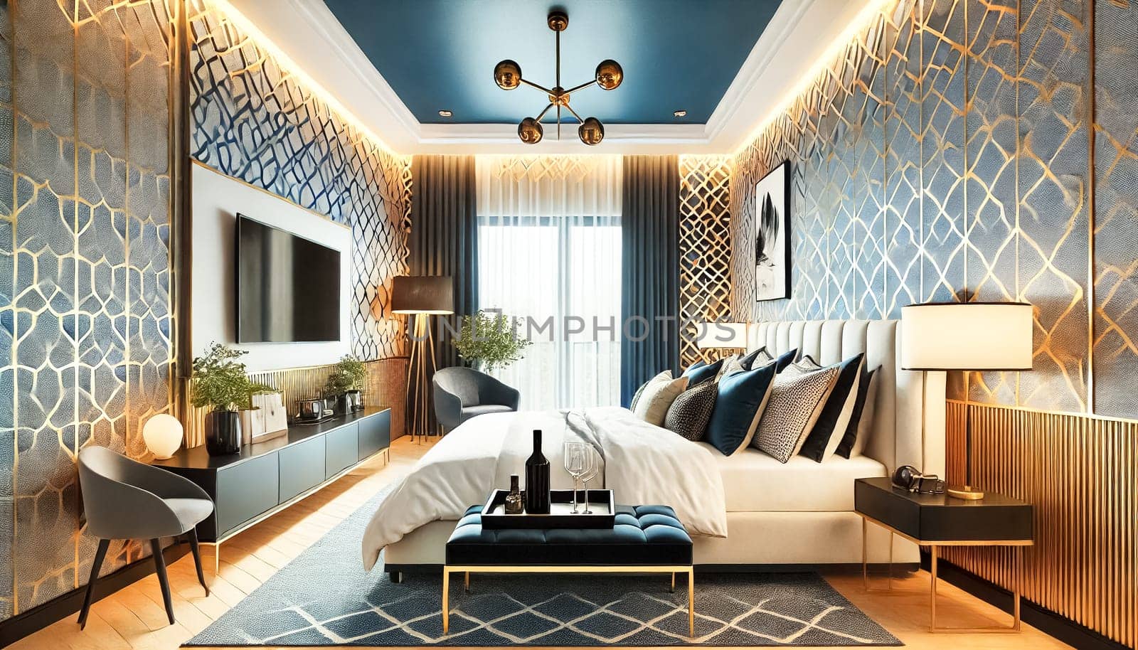 The stylish bedroom features a striking blue geometric wallpaper, a cushioned headboard, and contemporary decor. A sleek black bench holds a tray with wine glasses, adding a touch of luxury to the serene, well-lit space.