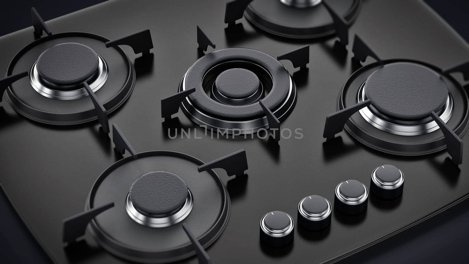 Modern black gas stove. 3D illustration.