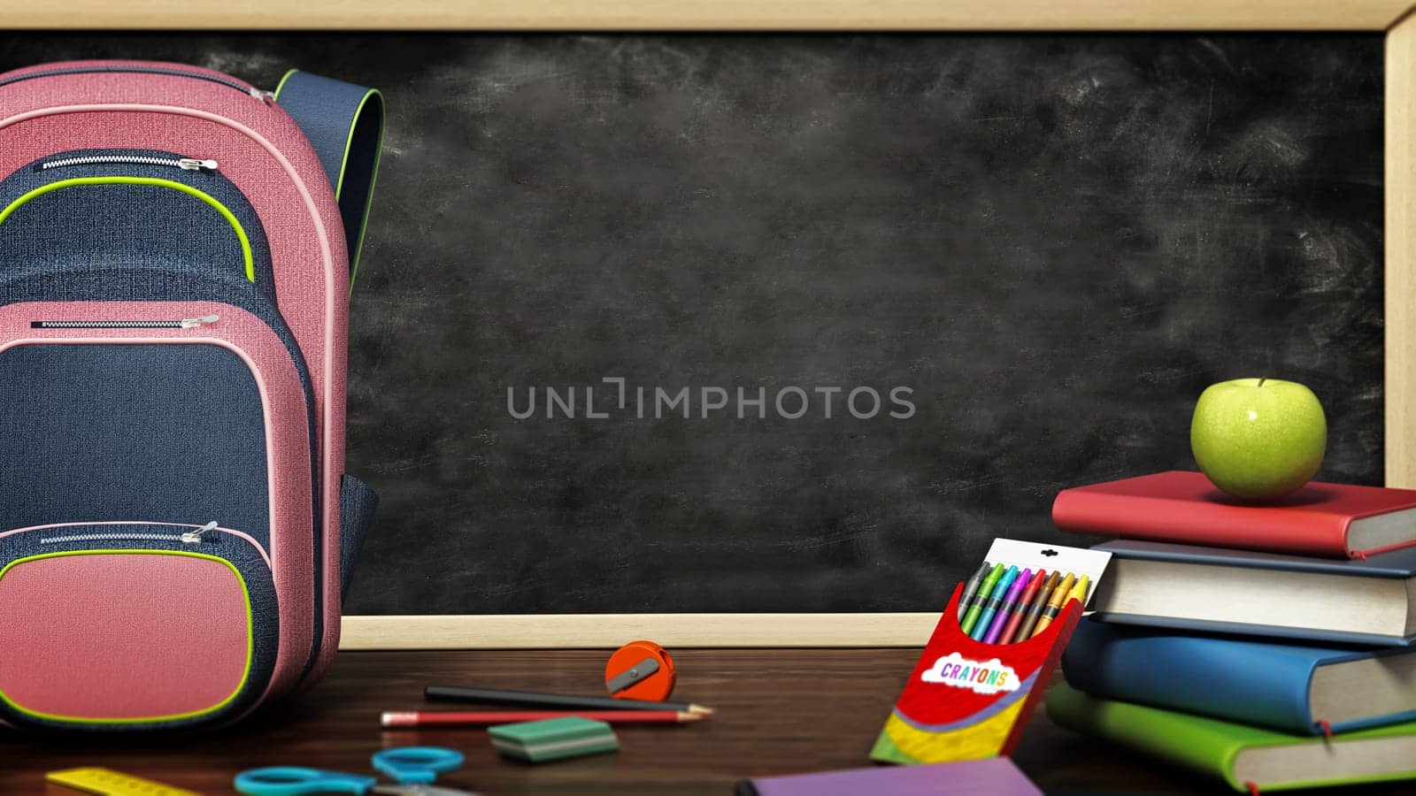 School backpack and objects standing on the table against black backboard. 3D illustration.