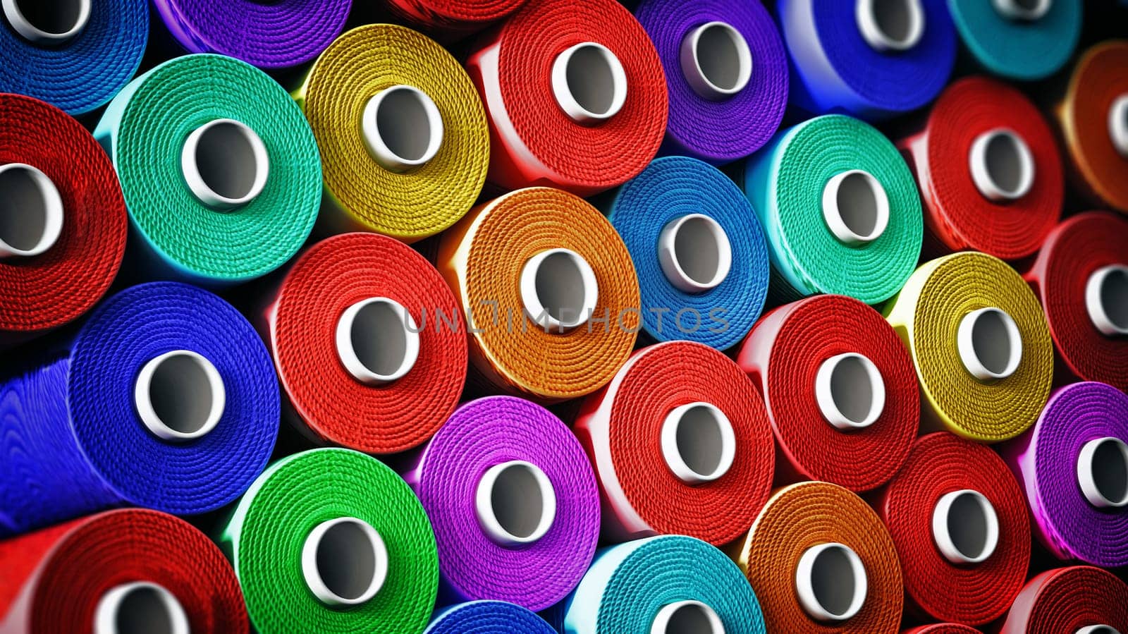 Multi colored stacked threads background. 3D illustration.