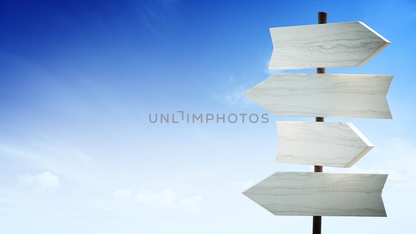 Signboard with blank arrows against blue sky background. 3D illustration.