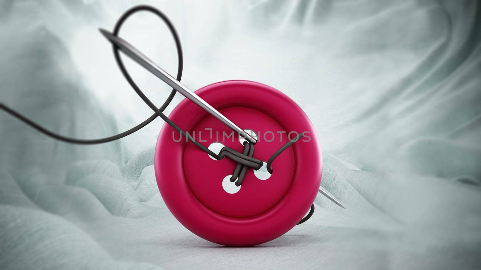 Sewing needle, string and red button on white cloth. 3D illustration.