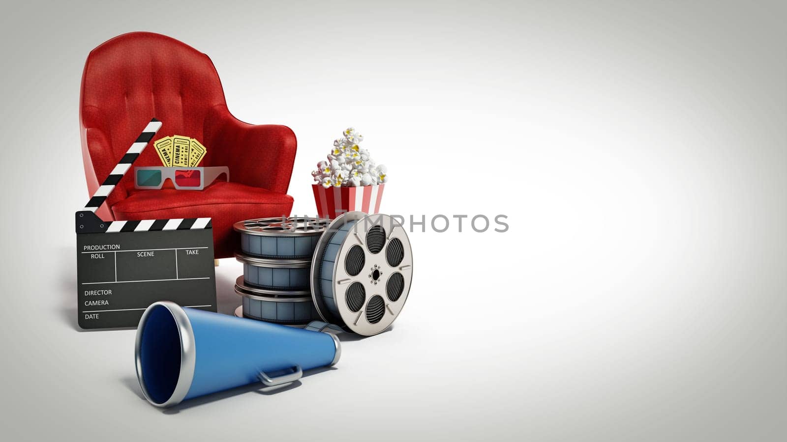Red seat, pop corn, ticket, film reel and slate. 3D illustration.