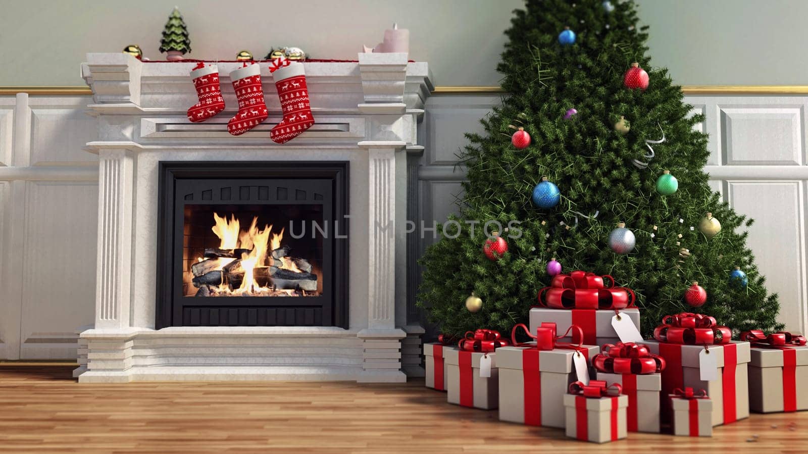 Christmas tree and gifts on parquet floor next to burning fireplace. 3D illustration.
