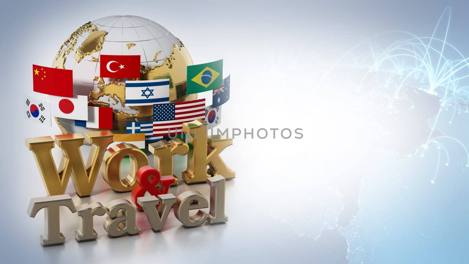 Globe, flags, work and travel text isolated on white background. 3D illustration.