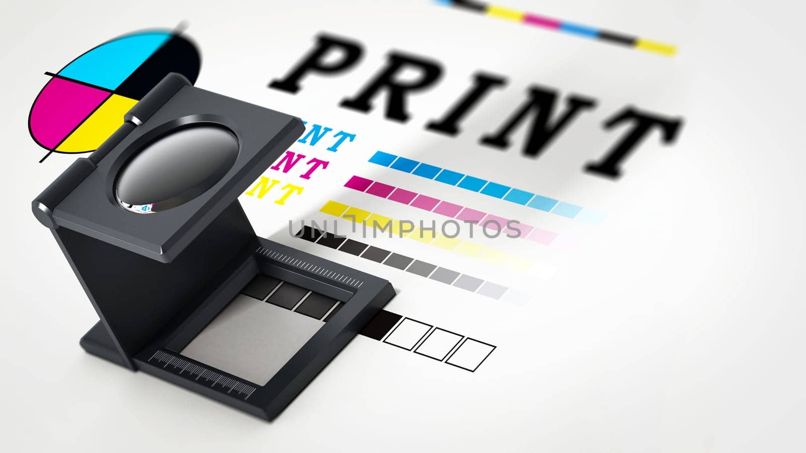 Printing loupe standing on colour test paper. 3D illustration.