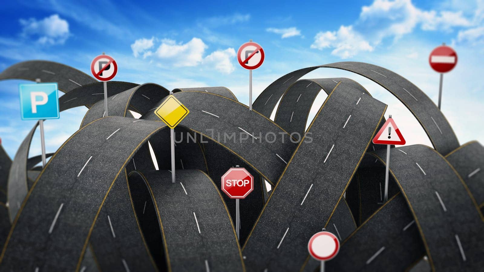 Tangled, crowded, chaotic roads and many traffic signs. 3D illustration