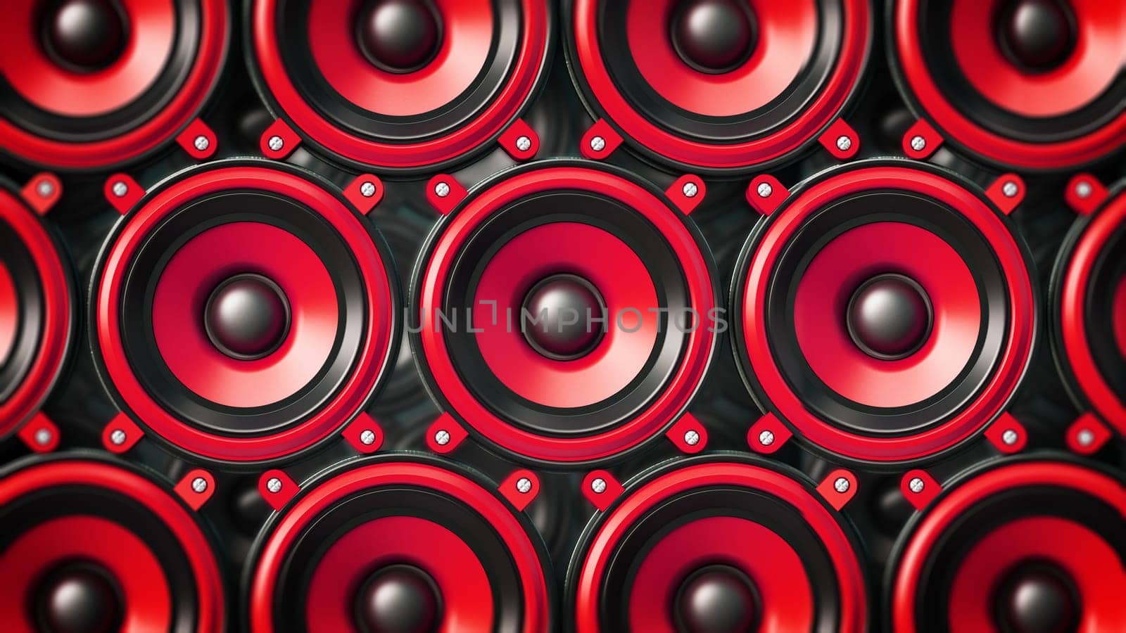 Red and black audio speakers background. 3D illustration.