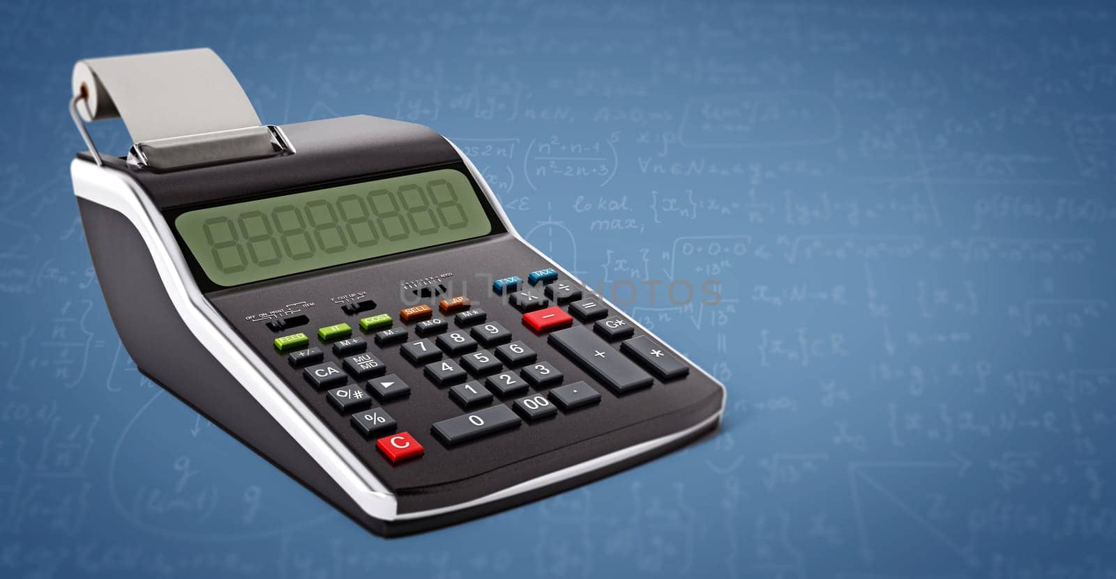 Print calculator standing on blue background. 3D illustration.