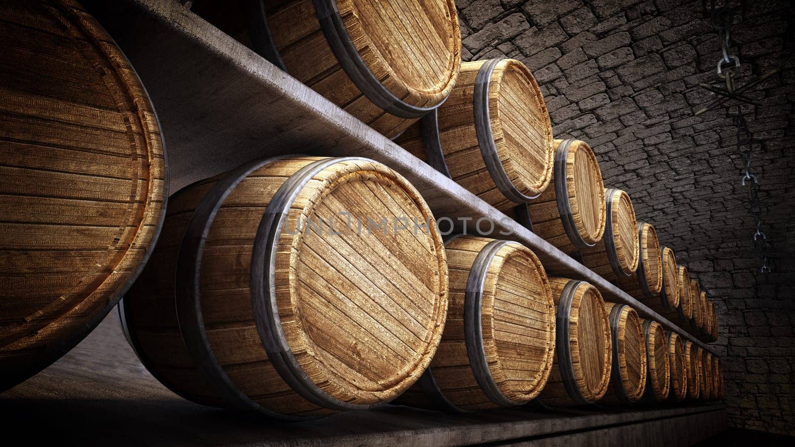 Stocked wine barrels across two sides of corridorof a wine cellar. 3D illustration