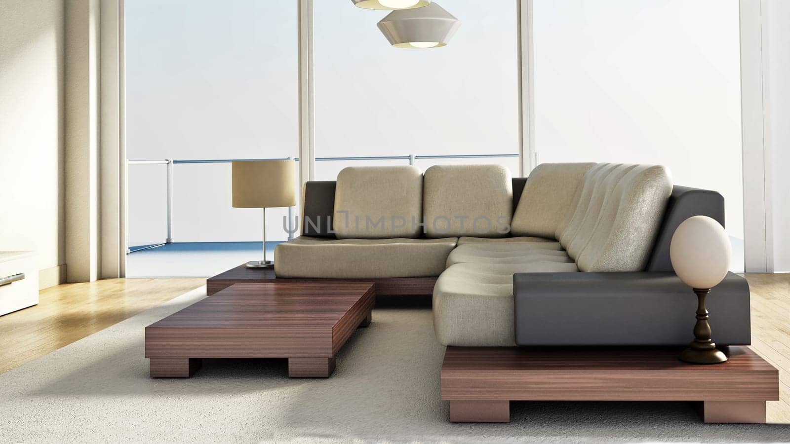 Room interior with modern sofa. 3D illustration.