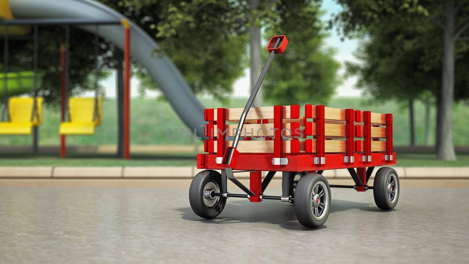 Toy child's wagon standing on children's playground. 3D illustration.